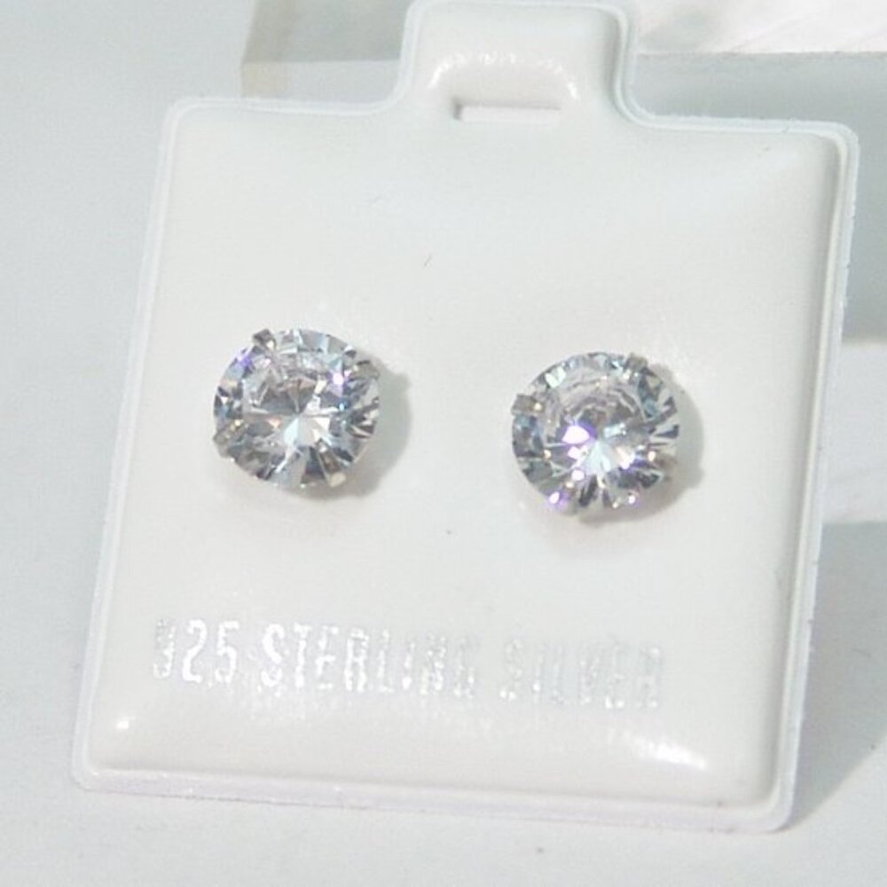 Sterling Silver Stud Earrings Cubic Zirconia 6 mm Carded